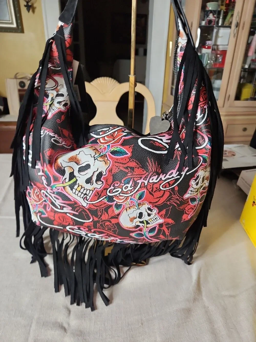 NWT Ed Hardy Fringed Hobo Shoulder Bag - Skulls & Roses - Red